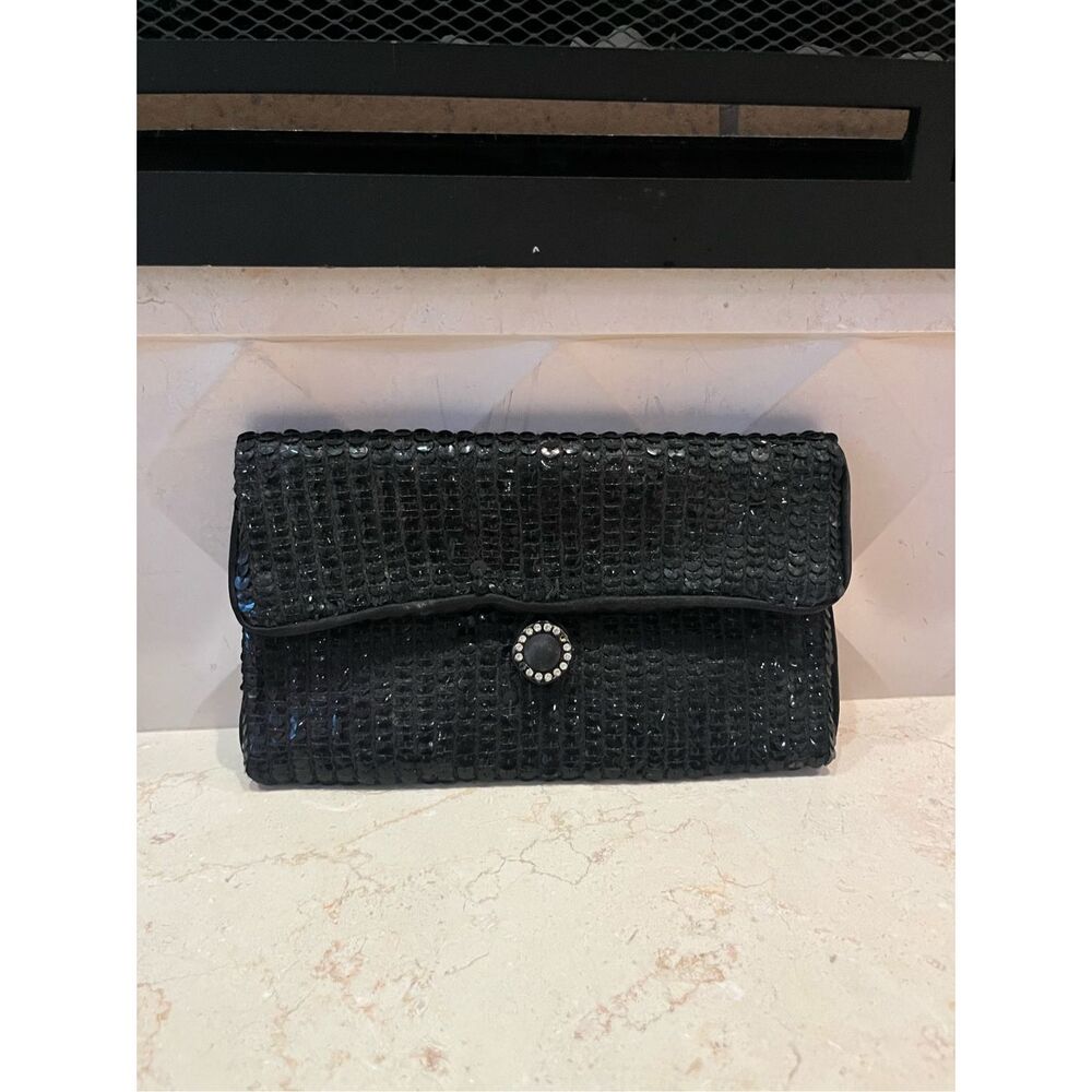 VINTAGE NORELL Black Sequin Evening Clutch W/Rhinestone Button Closure